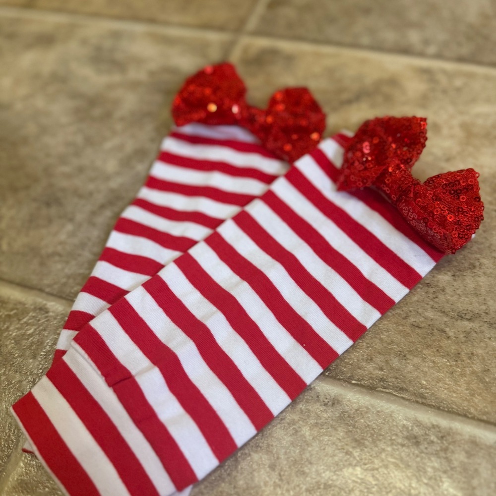 Kids Red White Striped Leg Warmers with Red Sequin Bows Christmas Holiday Socks
